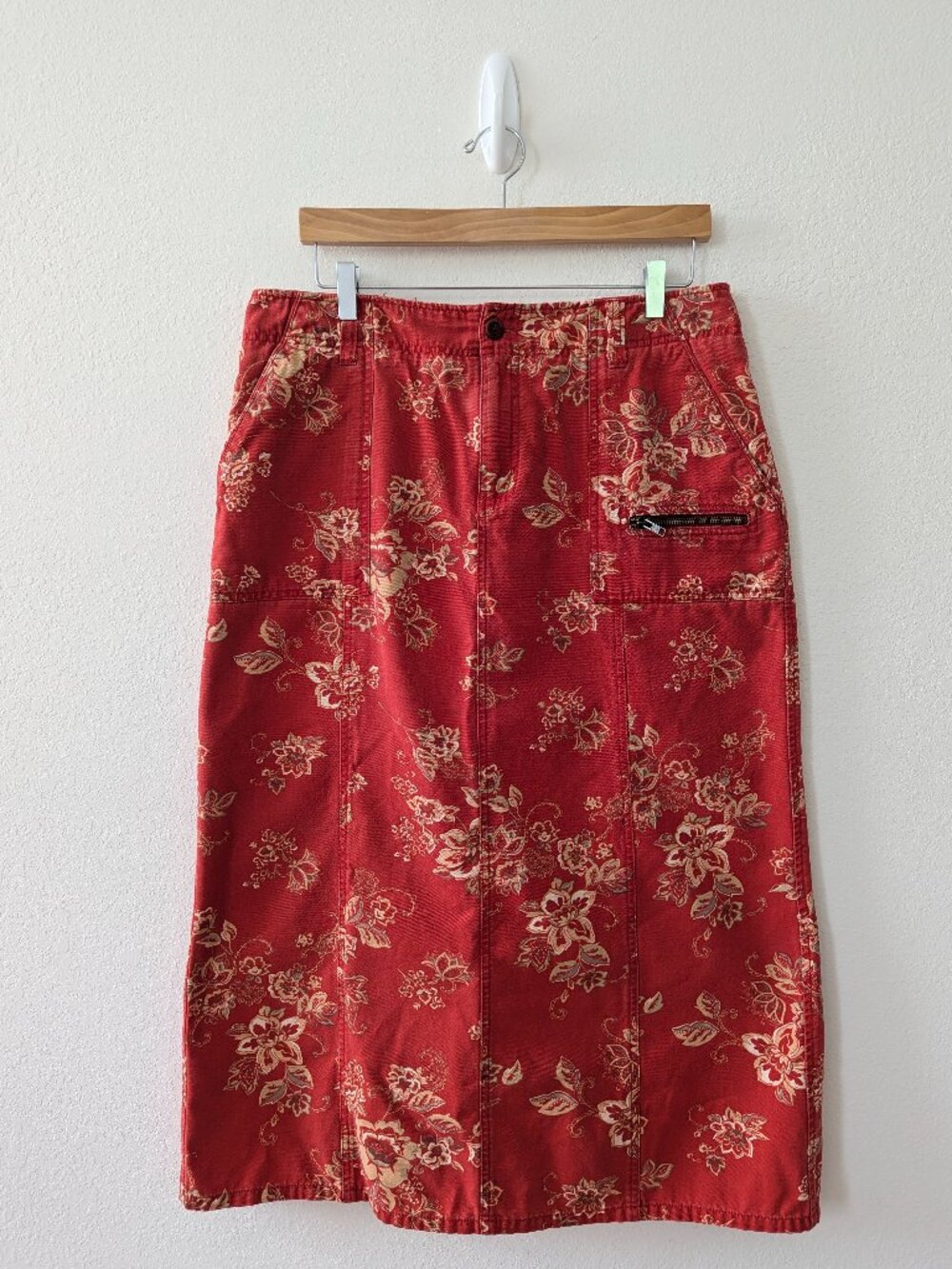 Eddie Bauer Floral Denim Skirt 14 100% Cotton Coral Red Midi Zip Pockets